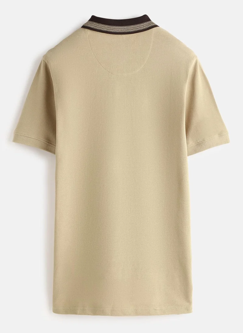 روجن Casual Jacquard Collar Polo T-Shirt | Khaki
